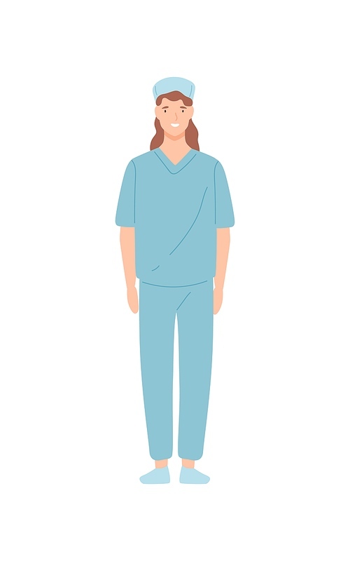 Smiling female nurse clinic employee standing isolated on white . Happy cartoon woman doctor physician posing vector flat illustration. Medical staff in uniform.