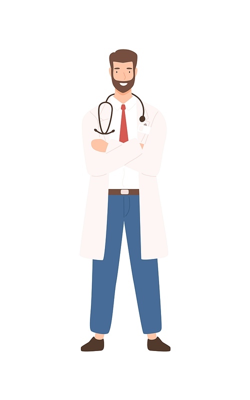 Friendly male physician wearing stethoscope posing vector flat illustration. Positive doctor in white coat standing with crossed hands isolated on white. Medical staff in uniform.