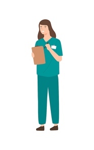 Positive female doctor holding clipboard and pen isolated on white. Happy woman writing recipe or register working at clinic vector flat illustration. Medical staff in uniform.