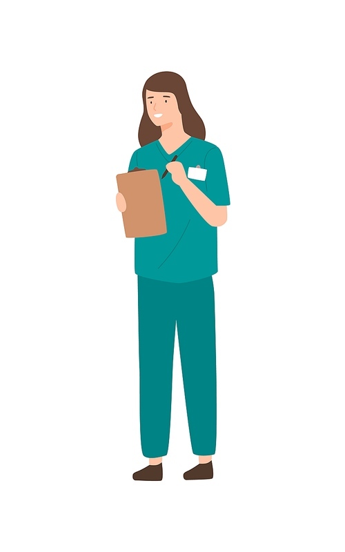 Positive female doctor holding clipboard and pen isolated on white. Happy woman writing recipe or register working at clinic vector flat illustration. Medical staff in uniform.