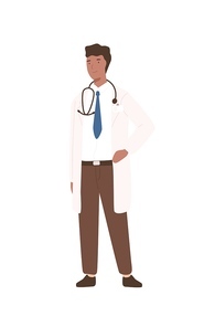 Friendly cartoon black male doctor in white coat standing isolated on white background. Positive man professional physician in stethoscope vector flat illustration. Medical staff in uniform.