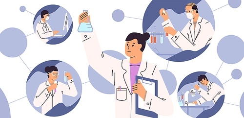 Chemical laboratory research. Vaccine discovery concept. Scientists with flasks, microscope and computer working on antiviral treatment development. Vector illustration in flat cartoon style.