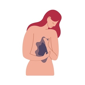 Unhappy cartoon woman having chest pain vector flat illustration. Lonely young female with broken heart and empty feeling isolated on white . Concept of psychological problems and therapy.