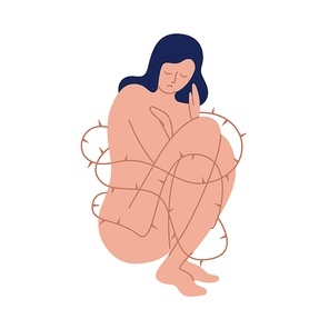 Lonely sad naked woman wrapped by barbed wire isolated on white. Unhappy cartoon female with bare body vector flat illustration. Concept of psychological problems, alienation and protective mechanism.