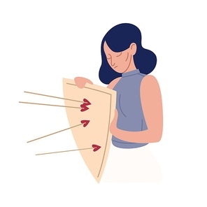 Upset cartoon woman with mental disorders hold shield with arrows isolated on white. Female rejection of love vector flat illustration. Psychological problem, defense mechanism and avoidance concept.