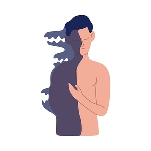 Cartoon naked man posing with half shadow body vector flat illustration. Duality male having dark side of personality isolated on white . Concept of psychological problems and conditions.