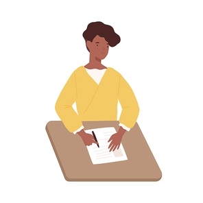 Happy black woman write paper document sitting on table vector graphic illustration. Positive dark skin female fill in questionnaire holding pen isolated on white background. Girl writing letter.