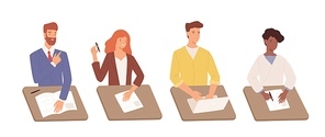 Set of diverse cartoon students man and woman sitting at table with document and laptop isolated on white. Positive people write test task hiring or recruitment specialists vector flat illustration.