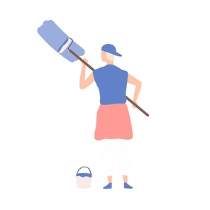 Creative teenage male painting or writing advertising text on wall vector flat illustration. Hipster man decorator holding paint roller covering area by blue color isolated on white .