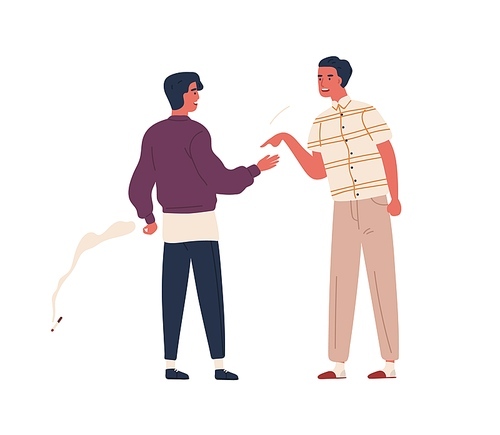 Furious father scold teenager son to smoking cigarette vector flat illustration. Dispute between angry dad and smoker adolescent guy isolated on white . Male teen and parent conflict.