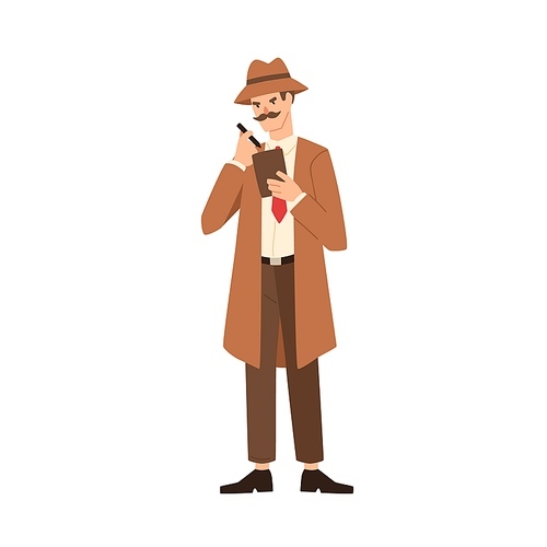 Cartoon professional man detective with mustache making notes vector flat illustration. Secret man agent in coat holding sketchpad writing notice isolated on white. Inspector with notebook.