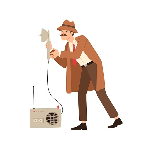 Funny private detective eavesdrop using spy equipment isolated on white. Male cartoon secret agent with mustache solving crime holding wiretap tool vector flat illustration. Cute espionage man.