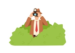Professional male private detective hiding in bushes making photo vector flat illustration. Cartoon funny spy photographing use camera solving crime isolated on white. Colored character secret agent.