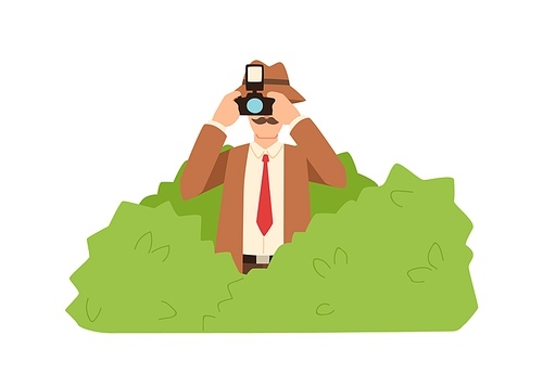 Professional male private detective hiding in bushes making photo vector flat illustration. Cartoon funny spy photographing use camera solving crime isolated on white. Colored character secret agent.