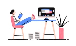 Cartoon relaxed woman reading book enjoying break vector flat illustration. Colorful female putting legs on desk with computer having procrastination isolated on white background. Lazy girl at office.