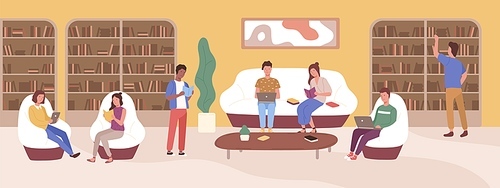 Young people at modern public library vector flat illustration. Focused man and woman reading book, use laptop, sitting on sofa studying literature. Colorful cartoon shelves with textbook.