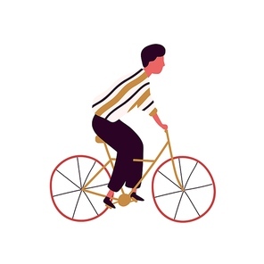 Casual colorful male riding city bicycle vector flat illustration. Cartoon guy on retro bike isolated on white background. Hand drawn man character enjoying bicycling healthy lifestyle.