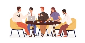 Creative business team sitting at table and planning strategy with sticky notes. Project discussion. Smiling office workers on briefing, brainstorm. Vector illustration in flat cartoon style