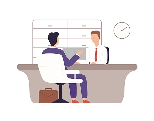 Businessman in suit client of bank sitting and talking with manager at credit department isolated on white. Smiling man payment office worker providing services to customer vector flat illustration.