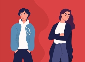 Concept of divorce, misunderstanding in family. Angry man and offended woman standing separately from each other. Relationship break up, crisis. Vector illustration in flat cartoon style