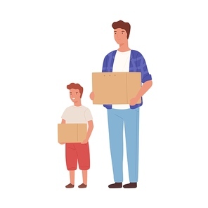 Cartoon father and son holding cardboard box isolated on white . Happy family moving carry things packing at paper container vector flat illustration. Male character relocation.