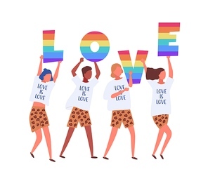 People carrying LOVE letters in rainbow colors isolated on white . Lgbtq activists in costumes taking part in pride parade, street marche. Vector illustration in flat cartoon style.