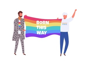 Lgbtq activists carrying rainbow flag with born this way inscription on it. People taking part in pride parade isolated on white . Vector illustration in flat cartoon style.