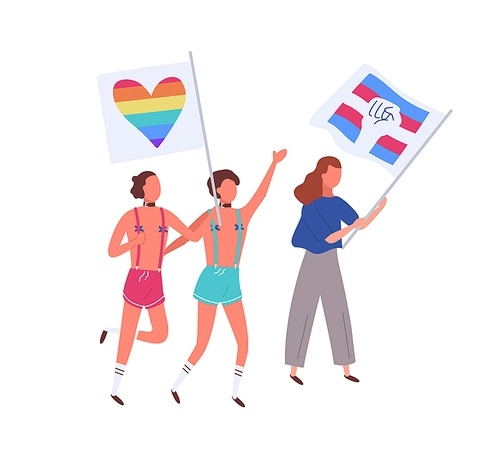 People on pride parade holding rainbow and transgender flags isolated on white . Lgbtq activists in funny costumes at demonstration. Vector illustration in flat cartoon style.