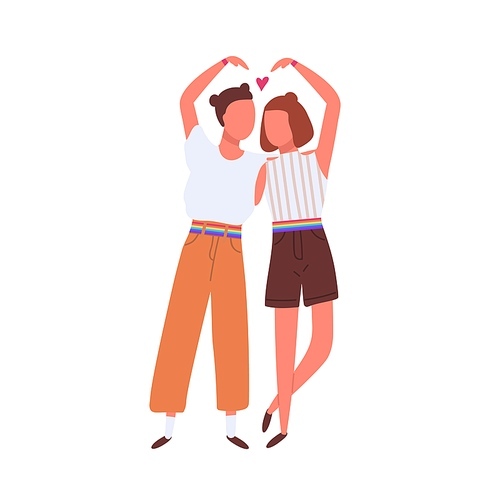 Cute homosexual couple hugging and showing a heart with hands. Lgbt partners standing together isolated on white . Romantic lesbian family. Vector illustration in flat cartoon style.