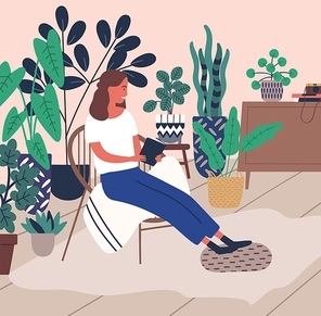 Smiling young woman relaxing reading book surrounded by houseplant vector flat illustration. Joyful cartoon female enjoying time to yourself at comfy home. Pleasant girl having anti stress leisure.