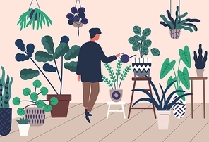 Cartoon botanist man watering houseplant vector flat illustration. Colorful male growing and cultivate green potted plant enjoying hobby. Casual guy care to domestic house garden.