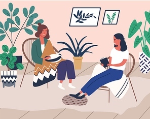 Two happy girl friend relax at home surrounded by houseplant vector flat illustration. Woman read book talking, smiling with female hold cat. People spend time together at cozy domestic interior.