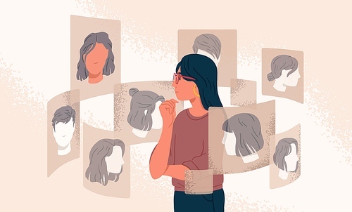 Pensive woman looking at different various choice hairstyle vector graphic illustration. Girl choosing new haircut at internet online cyber space isolated. Concept of beauty, fashion and technology.