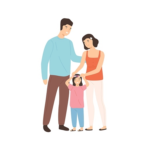 Smiling cartoon family mother, father and daughter isolated on white . Happy young people hugging standing together vector flat illustration. Laughing man and woman enjoy parenthood.