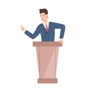 Male politician in suit standing at rostrum vector flat illustration. Positive political candidate gesticulate pointing finger talk with audience isolated on white. Official cartoon government worker.