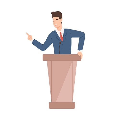 Male politician in suit standing at rostrum vector flat illustration. Positive political candidate gesticulate pointing finger talk with audience isolated on white. Official cartoon government worker.