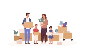 Happy cartoon family relocating to new apartment isolated on white background. Smiling mother, father, daughter and son holding packing boxes vector flat illustration. House moving concept.