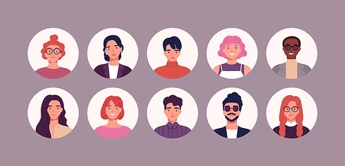 Bundle of different people avatars. Set of colorful user portraits. Male and female characters faces. Smiling young men and women avatar colletion. Vector illustration in flat cartoon style.