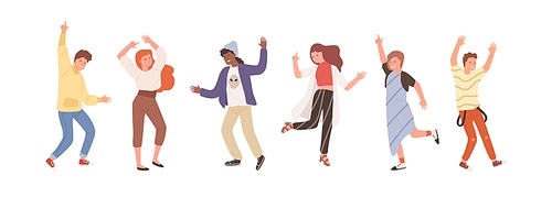 Group of diverse people dancing isolated on white. Set of happy positive man and woman having fun at party or music festival vector flat illustration. Colored person on dance floor at night club.