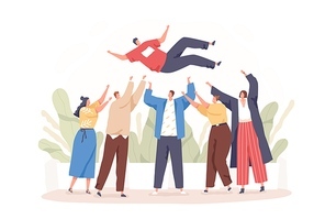 Happy cartoon people toss up person celebrating success vector flat illustration. Group of positive friends celebrate victory achievement together isolated on white. Joyful team congratulation male
