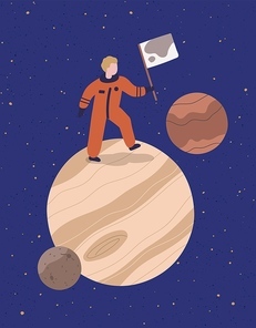 Cartoon astronaut stand on planet hold flag vector graphic illustration. Male cosmonaut in protective suit posing in open space. Colorful spaceman at dark galaxy environment.