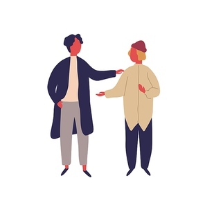 Two cartoon hipster male enjoying friendly conversation vector flat illustration. Colorful man friend talking together isolated on white. Modern people character communication during friendship.