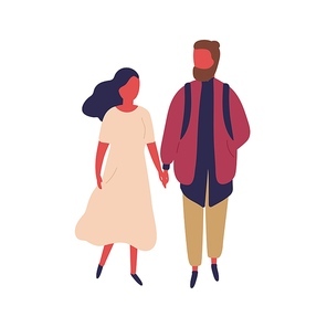 Elegant cartoon woman and hipster man holding hands vector flat illustration. Enamored colorful couple demonstrate standing together isolated on white . Romantic love and relationship.
