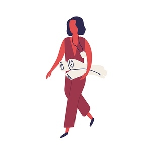 Cartoon woman wearing badge holding paper roll vector flat illustration. Business stylish female corporate employee with pass carrying document isolated on white. Professional engineer character.