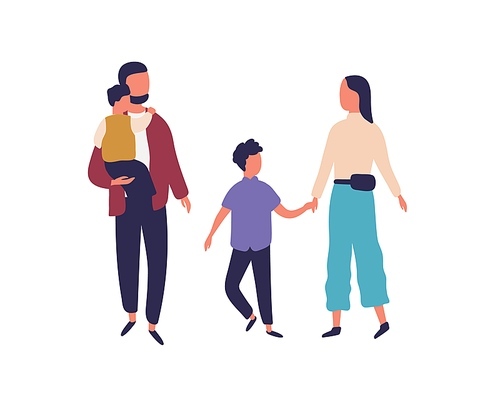 Happy cartoon family holding hands, hugging, walking together isolated on white . Mother, father and two son spending time together vector flat illustration. Man and woman enjoy parenthood.