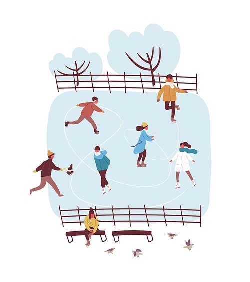 Cartoon active people enjoying ice skating at winter park vector flat illustration. Colorful man and woman during outdoors activity at rink isolated on white . Snowy landscape