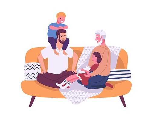 Happy homosexual family with children sitting on the sofa isolated on white . Parents spend time with son and daughter. Happy lgbt couple with kids. Vector illustration in flat cartoon style