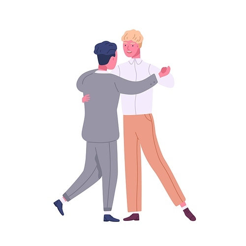 Happy gay couple dancing. Cute lgbt family isolated on white . Homosexual partners spend time together. Romantic relationship, same sex partners. Vector illustration in flat cartoon style.