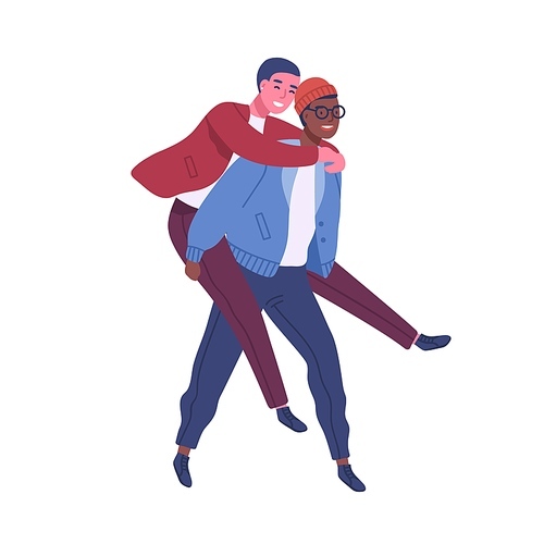 Happy homosexual couple isolated on white . Woman carrying her girlfriend up on back. Piggyback ride. Smiling lesbian girls spend time together. Vector illustration in flat cartoon style.