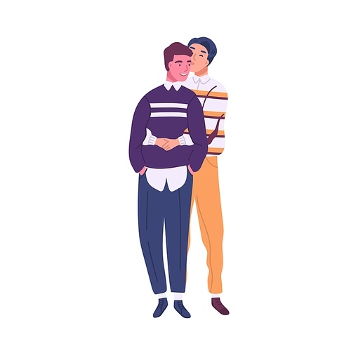 Cute homosexual couple isolated on white . Man hugging and kissing his boyfriend. Romantic relationships between same sex people. Happy lgbt family. Vector illustration in flat cartoon style